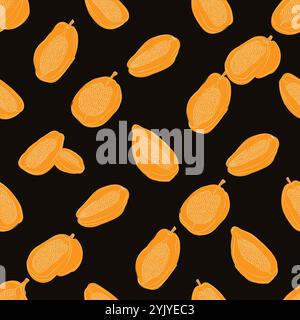 Nahtloses Papaya-Muster. Hintergrund: Orange und schwarz. Lebensmitteldruck ideal zum Bedrucken von Stoffen, Geschenkpapier und Tapeten Stock Vektor