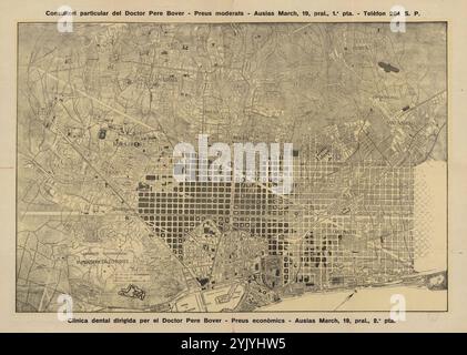 Karte, s/W. - Werbeblatt für Dr. Pedro Bovers Zahnklinik. - Auf der Rückseite: Detaillierter Plan der Altstadt und Anzeigen für die Klinik. - Datiert vom Ort der "Internationalen Ausstellung für Elektroindustrie" in Montjuic. Zwischen 1913-1914 war sie für 1917 geplant. Internationale Umstände verzögerten ihn bis 1929. 1925 wurde beschlossen, den Namen in „Internationale Ausstellung Barcelona“ zu ändern. Stockfoto