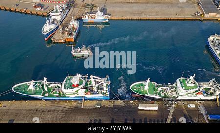 Peterhead Aberdeenshire Schottland der Hafen große angelegte Fischereischiffe und ein Trawler am Merchants Quay vorbei Stockfoto