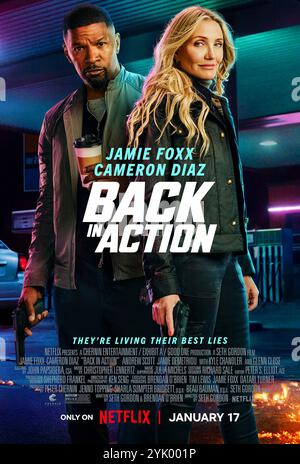 Back in Action (2025) von Seth Gordon mit Jamie Foxx, Cameron Diaz und Kyle Chandler. Die ehemaligen CIA-Spione Emily und Matt werden zurück in die Spionage gezogen, nachdem ihre geheimen Identitäten enthüllt wurden. NUR FÜR REDAKTIONELLE ZWECKE des Werbeplakats. Kredit: BFA/Netflix Stockfoto