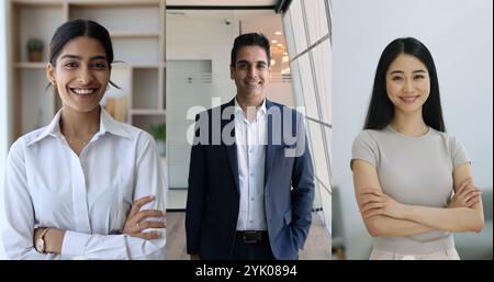 Indische und asiatische Geschäftsleute posieren am Arbeitsplatz und starren in die Kamera Stockfoto