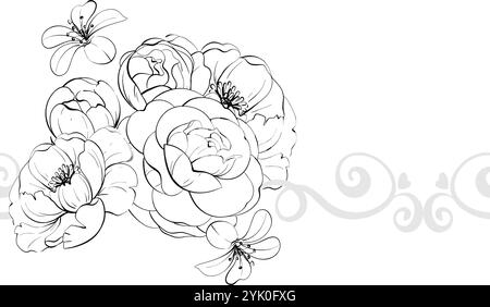 Blumenstrauß Rosen, Pfingstrosen nahtloses Muster, Anordnung. Romantische Frühlingsblume mit Blättern, Locken im Vintage-Stil. Grafische Vektorlinie, handgezeichnet Stock Vektor