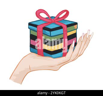 Weibliche Hand, die bunte Weihnachtsgeschenkbox hält Stock Vektor