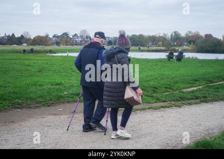 London, Großbritannien. 16. November 2024 Walkers on Wimbledon Common im Südwesten Londons an einem kalten Tag, da die Temperaturen sinken. Das Met Office gibt ab Sonntag Schnee- und Eiswarnungen aus, da große Teile Großbritanniens mit kalten Bedingungen konfrontiert werden. Gutschrift. Amer Ghazzal/Alamy Live News Stockfoto