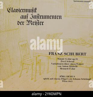 Plattencover aus Vintage-Vinyl. Klaviermusik auf Instrumenten der Meister, Franz Schubert, Jörg Demus spielt auf einem Flügel von Johann Schrimpf, Wien 1845, Aufnahme 1964, Titelbild Schubert Zimmer 1821 Stockfoto