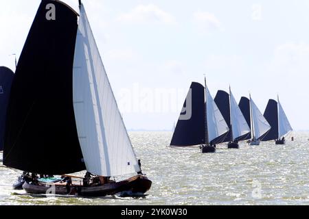 Traditionelle friesische Segelschiffe mit flachem Boden bei einem jährlichen Wettkampf auf dem Ijsselmeer in den Niederlanden Stockfoto