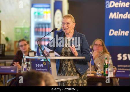 Harrislee, Schleswig-Holstein Landesparteitag SSW in Harrislee, hier: Anke Spoorendonk, deutsche Politikerin dänischer Nationalität SSW. Vom 12. Juni 2012 bis zum 28. Juni 2017 war sie schleswig-holsteinische Ministerin für Justiz, Kultur und Europa im Kabinett Albig und zweite Stellvertreterin des Ministerpräsidenten. Aufnahme vom 16.11.2024, Harrislee, Kreis Schleswig-Flensburg *** Harrislee, Schleswig-Holstein SSW Landesparteikonferenz in Harrislee, hier Anke Spoorendonk, deutsche Politikerin dänischer Staatsangehörigkeit SSW vom 12. Juni 2012 bis 28. Juni 2017 war sie Schleswig-holsteinische Ministerin o Stockfoto