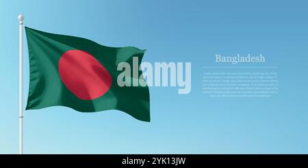 Die Flagge von Bangladesch schwenkt auf einem Pfosten mit blauem Himmel und Copyspace Stock Vektor