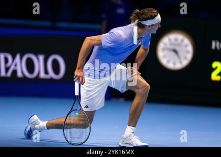 Torino, Italien. November 2024. Russlands Andrey RublevÊserves gegen den Norweger Casper Ruud während des Einzel-Tennisspiels der ATP World Tour Finals in der Inalpi Arena in Turin, Italien - Sport - Freitag, 15. November 2024. (Foto: Marco Alpozzi/Lapresse) Credit: LaPresse/Alamy Live News Stockfoto