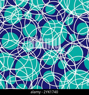 Verspieltes abstraktes Muster mit verworrenen weißen Linien über blaugrün, marineblauen Kreisen für kreatives Projekt, modernes Dekor, Textildesign, drucken, Hintergrund Stockfoto