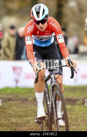 Merksplas, Belgien. November 2024. Die Luxemburgerin Marie Schreiber wurde während des Damenrennens des Superprestige Merksplas Cyclocross Events, 4/8, des Superprestige Cyclocross-Wettbewerbs, am Samstag, den 16. November 2024, in Merksplas gezeigt. BELGA FOTO DAVID PINTENS Credit: Belga News Agency/Alamy Live News Stockfoto