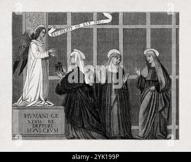 Die Heiligen Frauen am Grab. Stich nach einem Fresko aus dem 16. Jahrhundert in der Kapelle Saint-Barthelemy der Kathedrale von Albi. Stockfoto