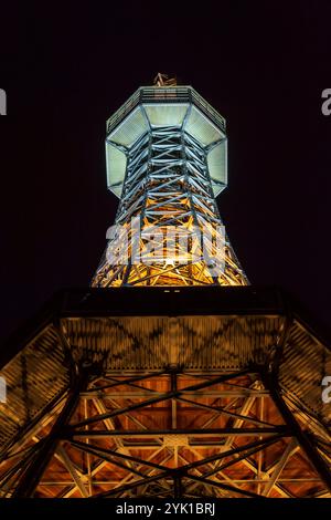 Aussichtsturm Petrin bei Nacht, Aussichtsturm aus Stahlrahmen auf dem Petrin-Hügel in Prag, Tschechien Stockfoto