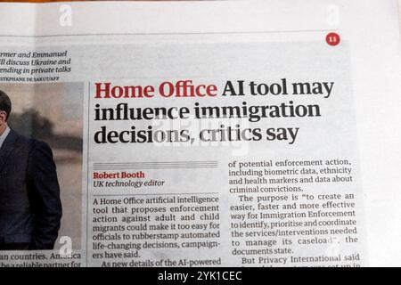 „Das KI-Tool des Home Office kann Einwanderungsentscheidungen beeinflussen“, sagen Kritiker. „Guardian“ schreibt Migranten-Schlagzeile artikel 11 November 2024 London Großbritannien Stockfoto