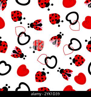 Farbenfrohes, nahtloses Muster mit Marienkäfern und Herzen. Handgezeichnet. Vektor Stock Vektor
