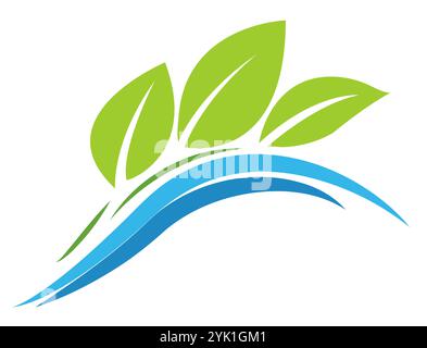 Logo mit grünen Blättern und blauen Wasserwellen für ein minimalistisches, umweltfreundliches Design. Der Hintergrund ist weiß. Dieses Konzept repräsentiert die Natur, Stock Vektor