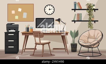 Gemütlicher Innenraum für das Heimbüro mit Desktop-Computer Stock Vektor