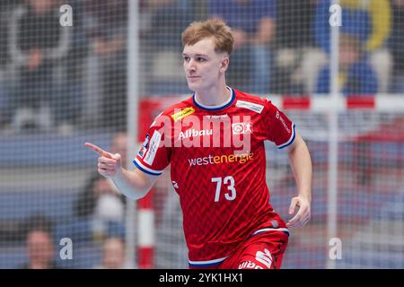 Essen, Deutschland. November 2024. 16.11.2024, Handball, Saison 2024/2025, 2. Handball-Bundesliga, 11. Spieltag, TuSEM Essen - HC Elbflorenz 2006, Finley Werschkull (TuSEM Essen), Foto: Dennis Ewert/RHR-FOTO/dpa/Alamy Live News Stockfoto