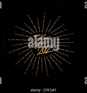 Happy New Year Feiertag Hintergrund mit Feuerwerk-Strahlen und Schriftzug 2025. Grunge-Grußkarte mit handgeschriebenem Schriftzug HAPPY NEW YE Stock Vektor