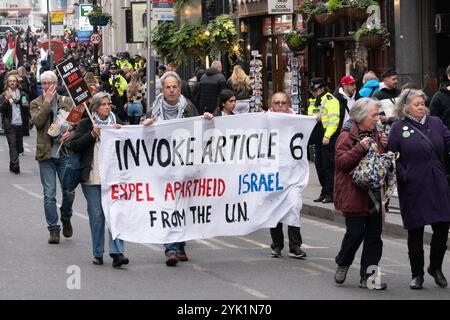 London, Großbritannien. November 2024. Ein Banner ruft dazu auf, Israel aus der UNO auszuweisen, indem er sich auf Artikel 6 seiner Charta beruft, während eine Koalition aus über sechzig Klimakampagnen-Gruppen und palästinensischen Unterstützern in die Downing Street marschiert und die Regierung auffordert, im Zuge der Teilnahme an den Klimaverhandlungen der COP 29 in Aserbaidschan verstärkt gegen den Klimawandel vorzugehen. Der marsch begann im British Museum, das von der Ölgesellschaft BP, die Ölfelder in Aserbaidschan betreibt, gefördert wird, von wo aus schätzungsweise 30 % des israelischen Öls über die Türkei geliefert werden. Quelle: Ron Fassbender/Alamy Live News Stockfoto