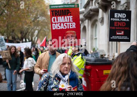 London, Großbritannien. November 2024. Während der Kundgebung wird ein Demonstrator mit einem Plakat gesehen. Demonstranten marschierten in London, um die britische Regierung zu fordern, die Abhängigkeit Großbritanniens von fossilen Brennstoffen zu beenden, für Klimafinanzierung aufzukommen und ihre Mittäterschaft an Israels eskalierender völkermörderischer Gewalt zu beenden. Quelle: SOPA Images Limited/Alamy Live News Stockfoto