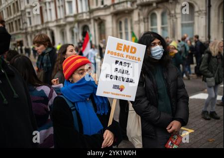 London, Großbritannien. November 2024. Während der Kundgebung wird ein Demonstrator mit einem Plakat gesehen. Demonstranten marschierten in London, um die britische Regierung zu fordern, die Abhängigkeit Großbritanniens von fossilen Brennstoffen zu beenden, für Klimafinanzierung aufzukommen und ihre Mittäterschaft an Israels eskalierender völkermörderischer Gewalt zu beenden. Quelle: SOPA Images Limited/Alamy Live News Stockfoto