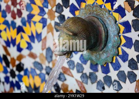 Anna, Valencia, Spanien - 27. Oktober 2024: Brunnen mit Mosaikfliesen des Schlosspalastes der Grafen von Cervellon in Anna Stadt, Valencia Stockfoto