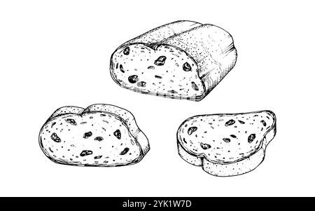 Satz von Vektorillustrationen von geschnittenem Rosinenbrot mit detaillierter Textur für Backwaren, Rezeptbuch, Lebensmittelverpackungen oder Frühstücksprojekte Stock Vektor