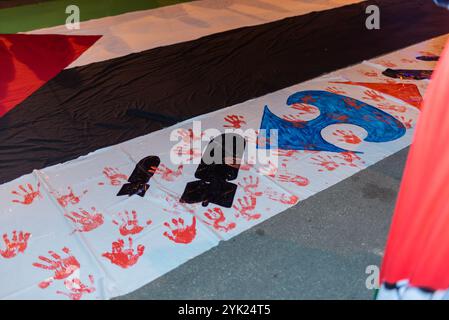 Logroño, La Rioja, Spanien. November 2024. Aktivistinnen und Aktivisten führen eine Kunstvorstellung während einer Demonstration zur Unterstützung Palästinas im Einkaufszentrum Carrefour in Logroño, Spanien, auf. Stockfoto