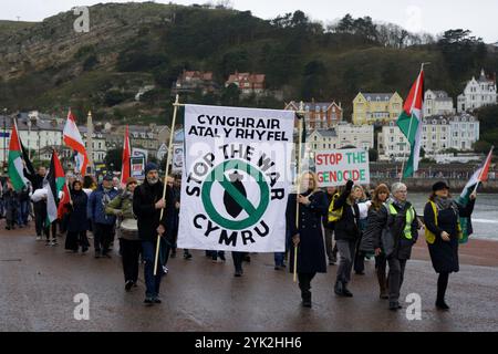 Pro-palästinensische Anhänger marschieren mit einem Banner und Plakaten, die ihre Meinung während der Demonstration zum Ausdruck bringen. Pro-palästinensische Anhänger in Nordwales gingen auf der Walisischen Labour Party-Konferenz in Llandudno erneut auf die Straße. Demonstranten trugen Nachbildungen von "toten Babys", die in Hüllen gehüllt waren, und riefen "SCHAM ÜBER DICH" und "FREIES PALÄSTINA" vor dem Konferenzort, in Wut über den britischen Premierminister, Sir Keir Starmers Haltung zum Krieg in Gaza und im Libanon und das Schweigen seiner Partei über den Tod und das Leiden unschuldiger Männer, Frauen und Kinder im Konflikt. Stockfoto