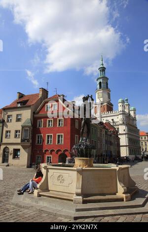 Polen, Posen, Old Market Square, Rathaus, Brunnen Stockfoto