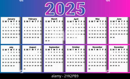 Kalender 2025 mit attraktivem blaurosa Thema und 3D weißem Hintergrund für jeden Monat Stock Vektor