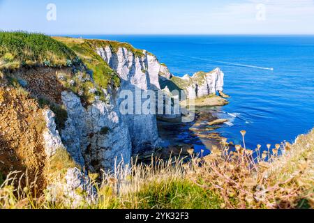 Kreidefelsen mit Felsbogen La Falasie d&#39;Aumont in Etretat (Etretat) an der Alabasterküste (Côte d&#39;Albâtre, Cote d&#39;Albatre) in der seine- Stockfoto