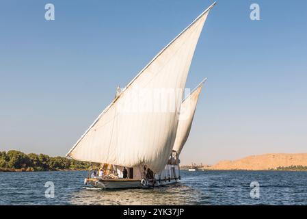 Dahabeah unter Segel, Passagierschiff der Lazuli-Flotte, segelnd auf dem Nil bei Assuan, Ägypten, Nordostafrika Stockfoto