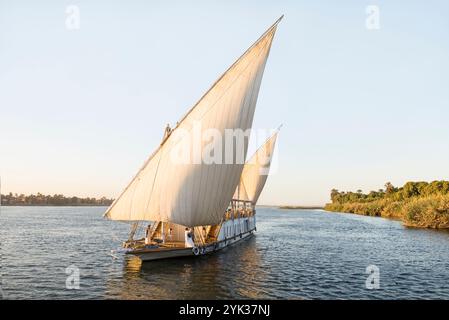 Dahabeah unter Segel, Passagierschiff der Lazuli-Flotte, segelnd auf dem Nil bei Assuan, Ägypten, Nordostafrika Stockfoto