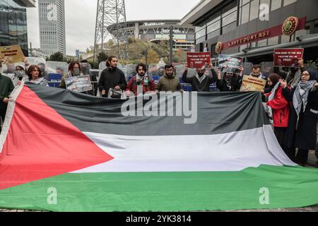 Istanbul, Türkei. November 2024. Die palästinensische Flagge wurde während eines Treffens vor dem SOCAR-Firmengebäude in Istanbul gehisst, auf dem die Teilnehmer Plakate hielten, auf denen das Unternehmen wegen seiner Beteiligung am Öltransport nach Israel verurteilt wurde. Quelle: SOPA Images Limited/Alamy Live News Stockfoto