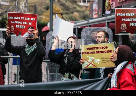 Istanbul, Türkei. November 2024. Arabische Jugendliche nehmen an einem Treffen vor dem SOCAR-Firmengebäude in Istanbul Teil, auf dem die Teilnehmer Plakate hielten, auf denen das Unternehmen wegen seiner Beteiligung am Öltransport nach Israel verurteilt wurde. (Foto: Shady Alassar/SOPA Images/SIPA USA) Credit: SIPA USA/Alamy Live News Stockfoto