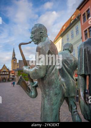 Die Münzenberger Musiker, Marktplatz, Welterbestadt Quedlinburg, Harz, Sachsen-Anhalt, Mitteldeutschland, Deutschland, Europa Stockfoto