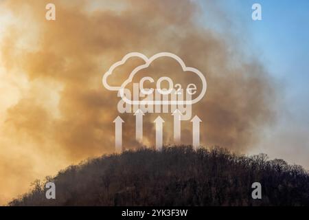 Klimawandel, tropische Waldbrände setzen Kohlendioxidemissionen (CO2) frei, die zum Klimawandel und zur globalen Erwärmung beitragen. Stockfoto