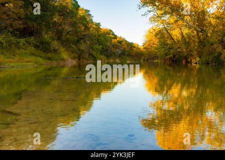 Diese ruhige Flusslandschaft im Herbst zeigt goldenes Laub, das sich in klarem, stillem Wasser spiegelt. Die leuchtenden Herbstfarben stehen im Kontrast zu den üppigen Farben Stockfoto