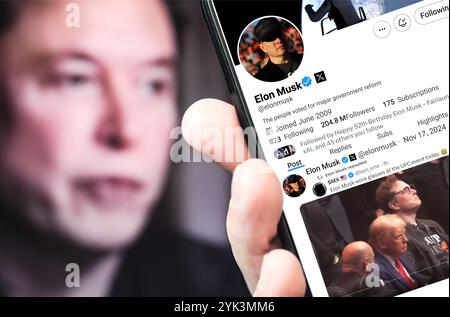 Ukraine. Poltava. November 2024 . Elon Musk profilt Twitter auf einem Smartphone-Bildschirm. Neuer Tweet mit Text. Stockfoto