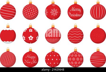 Set mit 15 roten Weihnachtskugeln mit verschiedenen Texturen, flacher Stil, Vektor-eps10-Illustration Stock Vektor