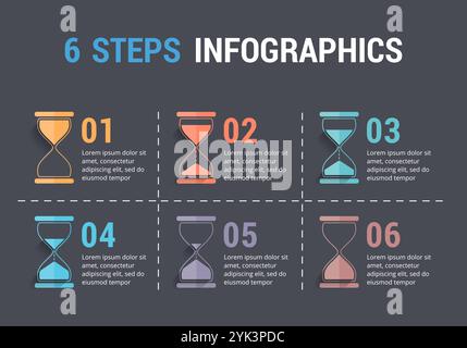 6-stufige Infografiken mit Sanduhr, dunklem Hintergrund, Vektor-eps10-Illustration Stock Vektor