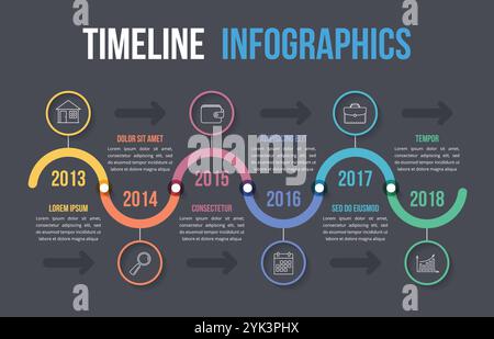 Infografikvorlage für Zeitachse mit bunten Kreisen, Workflow- oder Prozessdiagramm, Vektorgrafik eps10 Stock Vektor