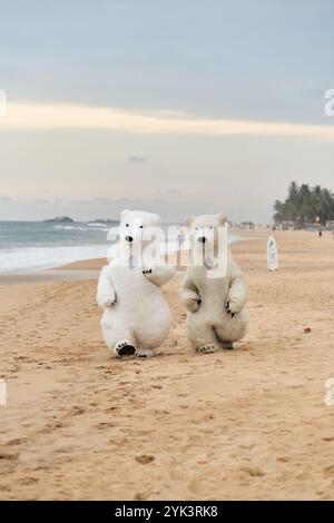 Animateure, die als Eisbären verkleidet sind, unterhalten die Leute am Strand Stockfoto