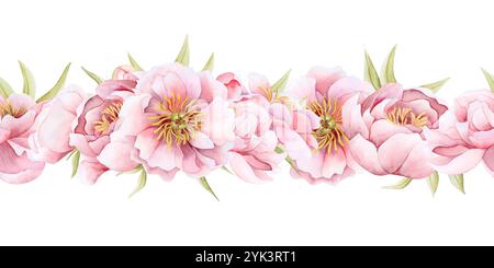 Garten Pfingstrosen Blumen Blumenstrauß Aquarell nahtlose Grenze isoliert auf weißem Hintergrund. Zarte pastellrosa Rosen Stockfoto