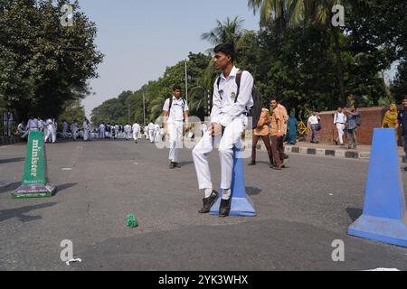 Dhaka, Dhaka, Bangladesch. November 2024. Am 17. November 2024 protestierten Studenten der Dhaka Residential Model School und des College auf der Mirpur Road, forderten eine Änderung des Lotteriezulassungssystems und setzten sich für Verdiensteinnahmen ein. Die Demonstration dauerte 3 bis 4 Stunden und verursachte schwere Verkehrsstaus auf beiden Straßenseiten. Der Protest endete schließlich, und die Studenten kehrten nach Zusicherungen des College-Direktors, der leitenden Behörden, in ihre Klassen zurück. (Kreditbild: © Rubel Karmaker/ZUMA Press Wire) NUR REDAKTIONELLE VERWENDUNG! Nicht für kommerzielle ZWECKE! Stockfoto