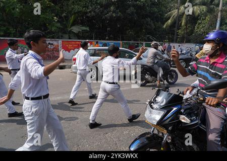 Dhaka, Dhaka, Bangladesch. November 2024. Am 17. November 2024 protestierten Studenten der Dhaka Residential Model School und des College auf der Mirpur Road, forderten eine Änderung des Lotteriezulassungssystems und setzten sich für Verdiensteinnahmen ein. Die Demonstration dauerte 3 bis 4 Stunden und verursachte schwere Verkehrsstaus auf beiden Straßenseiten. Der Protest endete schließlich, und die Studenten kehrten nach Zusicherungen des College-Direktors, der leitenden Behörden, in ihre Klassen zurück. (Kreditbild: © Rubel Karmaker/ZUMA Press Wire) NUR REDAKTIONELLE VERWENDUNG! Nicht für kommerzielle ZWECKE! Stockfoto