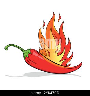 Einfache scharfe Chili-Pfeffer auf Feuer-Zeichentrick-Illustration Stock Vektor
