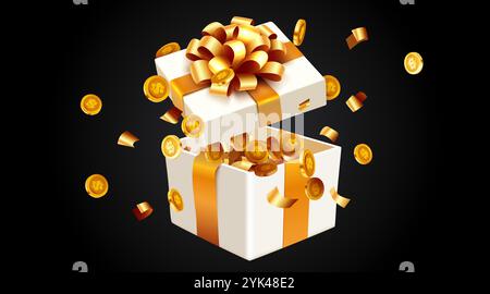Geschenkbox mit Münzexplosion. Big-Win-Konzept. Vektorabbildung Stock Vektor